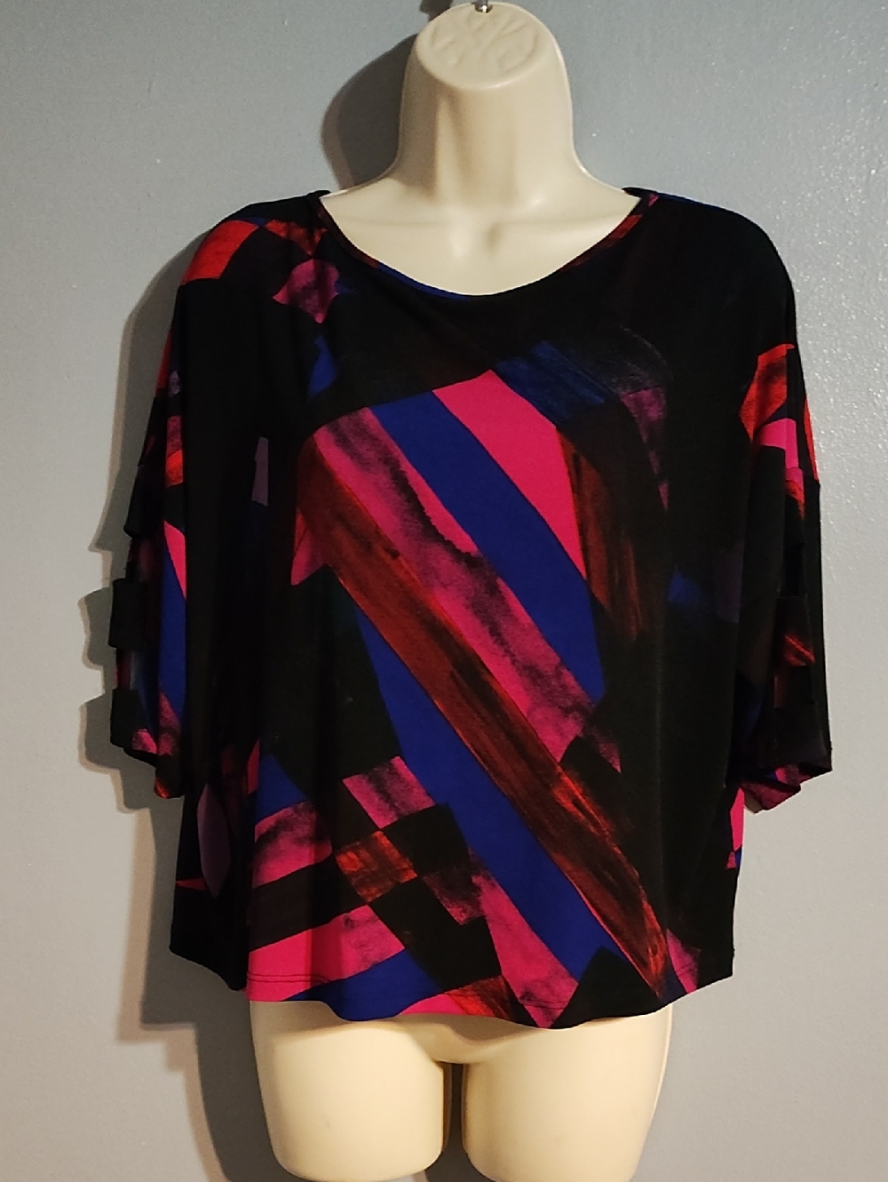 Ciara Sun ☀️ Woo Black Abstract Stripe Women's Top with Pink & Blue Accents
